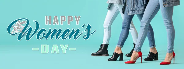 Banner for International Women\'s Day with beautiful female legs on turquoise background