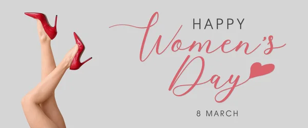 Banner for International Women's Day with beautiful female legs on light background