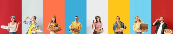 Set Many People Delicious Pizza Color Background — Stock Photo, Image