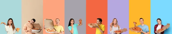 Set People Delicious Pizza Color Background — Stock Photo, Image