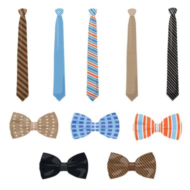 Set of bowties and neckties on white background