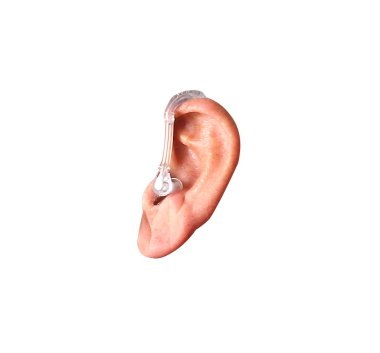 Ear with hearing aid on white background