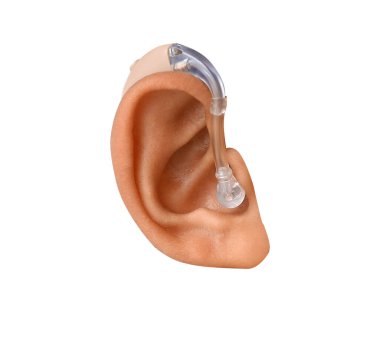 Ear with hearing aid on white background