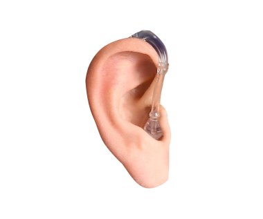 Ear with hearing aid on white background