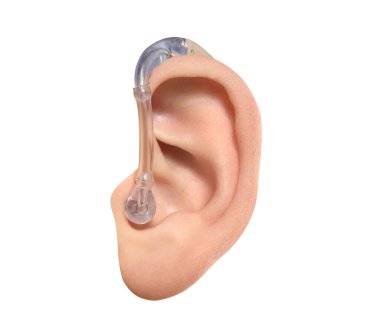 Ear with hearing aid on white background