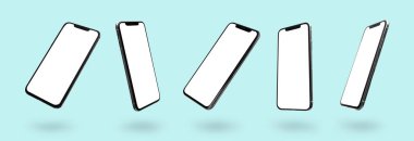 Set of mobile phones with blank screens on turquoise background