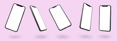 Set of mobile phones with blank screens on lilac background