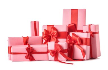 Stack of beautiful gifts on white background. Valentine's Day celebration