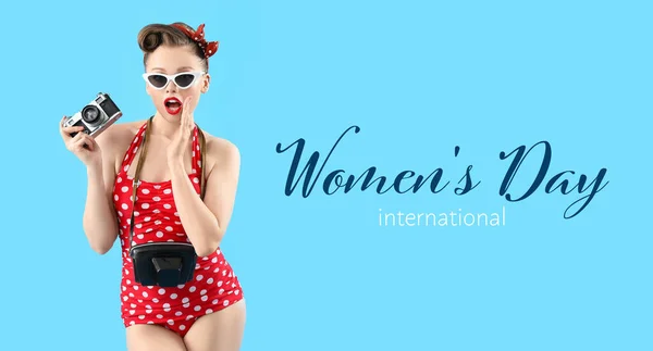 Greeting Card International Women Day Young Pin Woman Blue Background — Stock fotografie