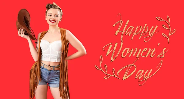 Greeting card for International Women's Day with young cowboy woman on red background