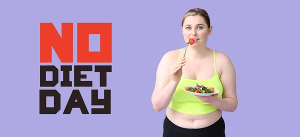Overweight woman with salad on violet background. International No Diet Day