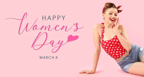 Greeting card for International Women's Day with young pin-up woman on pink background