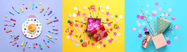 Bright collage of party decor with birthday gifts and tasty cupcake on color background