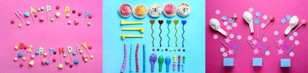 Bright collage of party decor with birthday gifts and sweets on color background