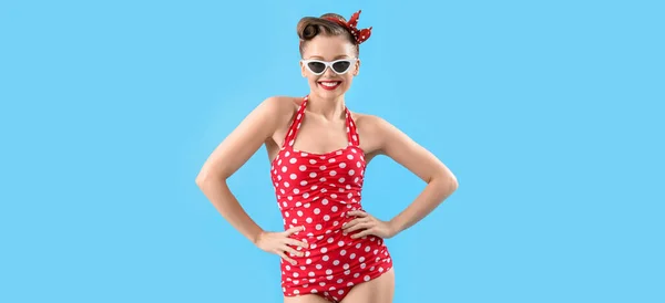 Young Pin Woman Polka Dot Swimsuit Blue Background — Stock fotografie