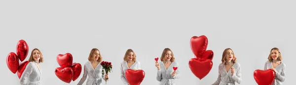 Set Beautiful Young Woman Heart Shaped Balloons Light Background Valentine — Foto Stock