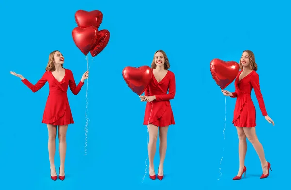 Set Beautiful Young Woman Heart Shaped Balloons Light Blue Background — Foto Stock
