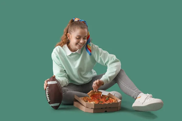 Young Woman Box Tasty Pizza Rugby Ball Green Background — Stock Photo, Image