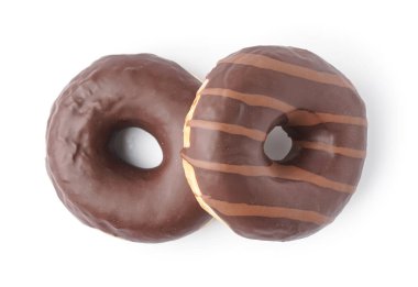 Tasty chocolate donuts on white background