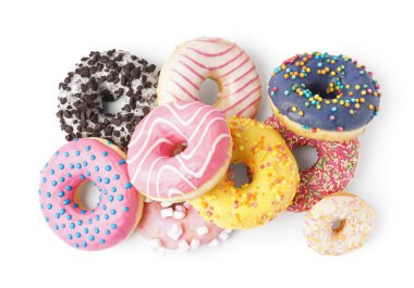 Heap of tasty glazed donuts isolated on white background