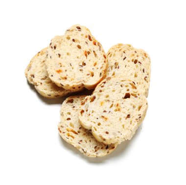 Slices of delicious baguette isolated on white background