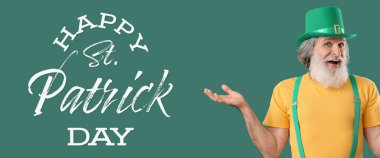 Banner for St. Patrick's Day celebration with emotional senior man on green background