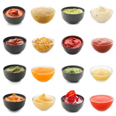 Collage of natural sauces in bowls on white background