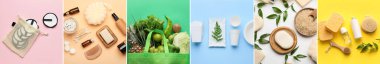 Group of eco accessories and cosmetics on color background