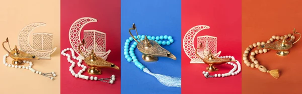 Collage of Aladdin lamps of wishes and tasbih on color background