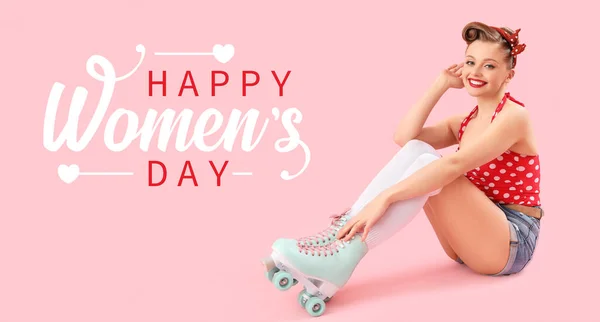 Greeting card for International Women's Day in roller skates with young pin-up woman on pink background