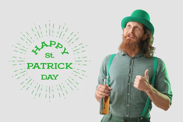 Bearded Man Bottle Beer Light Background Patrick Day Celebration — Fotografia de Stock
