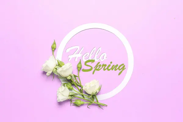Composition Beautiful Flowers Text Hello Spring Lilac Background — Zdjęcie stockowe