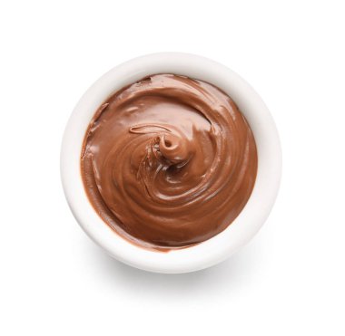 Bowl of delicious chocolate pudding isolated on white background