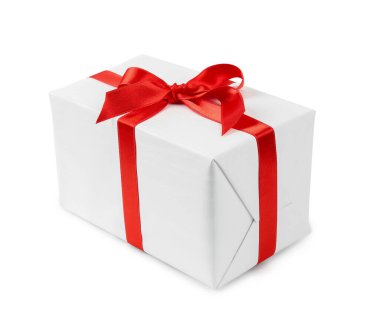 Gift box with red satin ribbon isolated on white background. Valentine's Day celebration