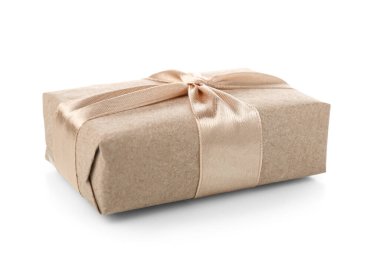 Gift box wrapped in craft paper on white background