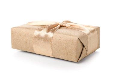 Gift box wrapped in craft paper on white background