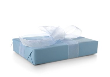 Beautiful gift box wrapped in blue paper on white background