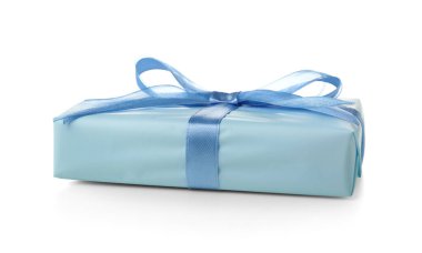 Beautiful gift box wrapped in blue paper on white background