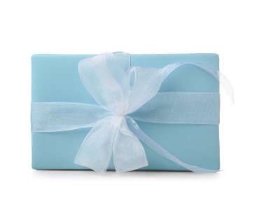 Beautiful gift box wrapped in blue paper on white background