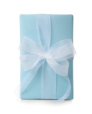 Beautiful gift box wrapped in blue paper on white background
