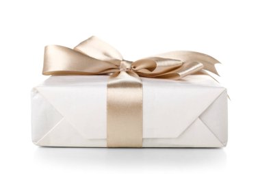 Gift box tied with satin ribbon isolated on white background