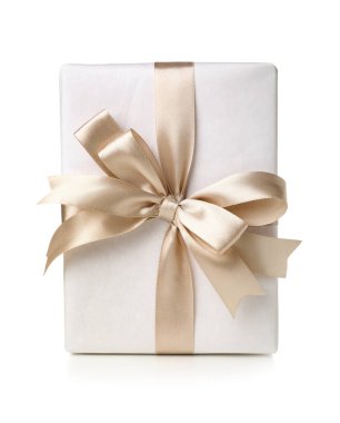 Gift box tied with satin ribbon isolated on white background