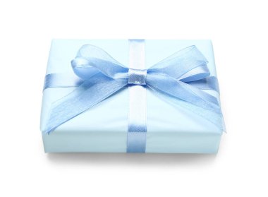 Beautiful gift box tied with blue ribbon on white background