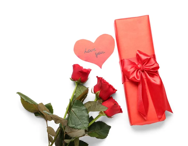 Gift Box Rose Flowers Card Text Love You White Background — 스톡 사진