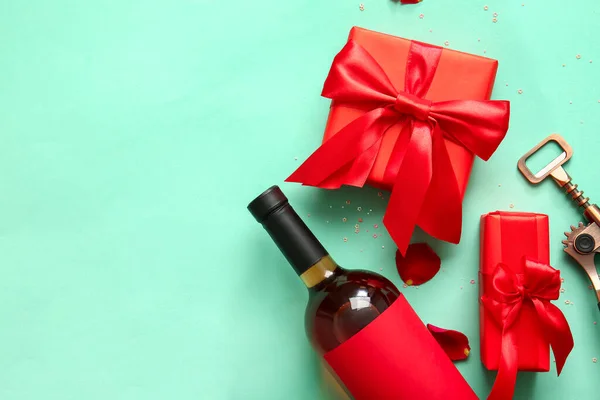Composition Bottle Wine Gifts Valentines Day Color Background — ストック写真