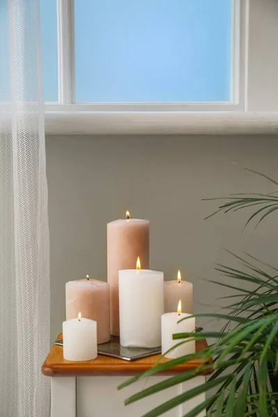 Burning Candles End Table Houseplant Window — Stok fotoğraf