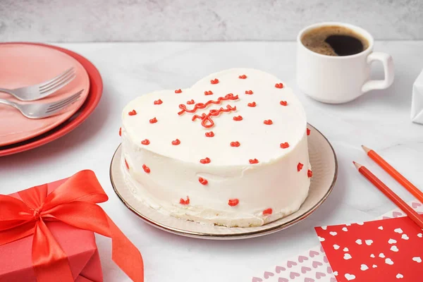 Plate Heart Shaped Bento Cake Cup Coffee White Table Valentine — Φωτογραφία Αρχείου
