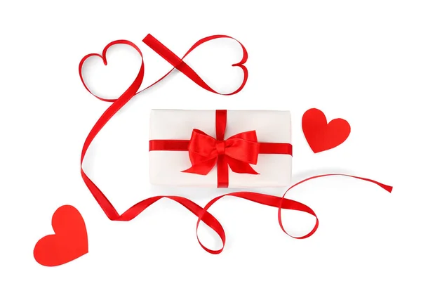Gift Hearts Made Red Satin Ribbon Isolated White Background Valentine — Stock Fotó