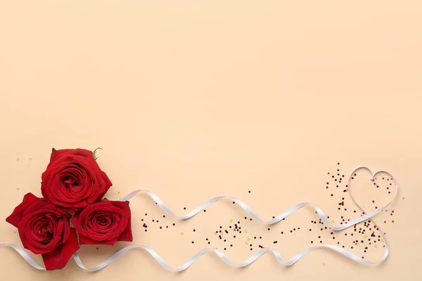 Rose Flowers Heart Made White Satin Ribbon Beige Background Valentine — Stok fotoğraf