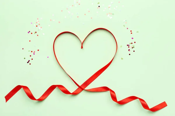 Heart Made Red Satin Ribbon Green Background Valentine Day Celebration — Stock Fotó